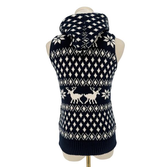 Vintage Y2K Forever 21 Hooded Sweater Vest Holiday Reindeer Knit Navy Blue Sz S - Picture 4 of 8